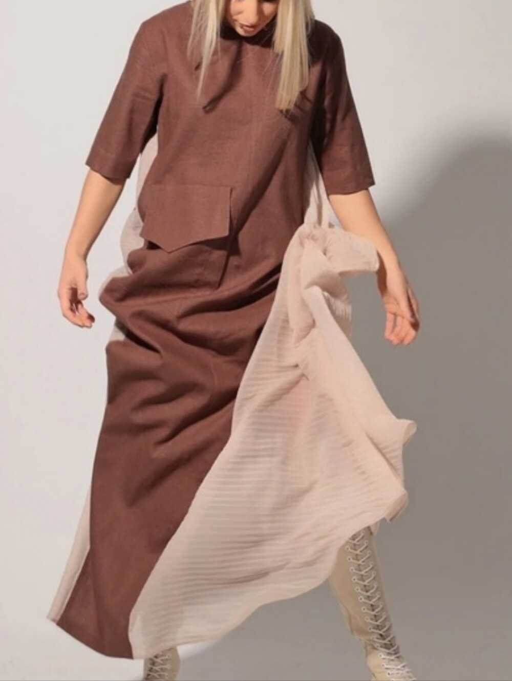 Adeptt Linen Maxi Dress Front Pocket Sheer Chiffon Sides Size M